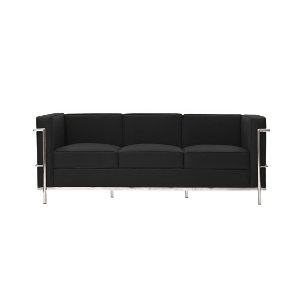 Sofa Le Corbusier 3 Lugares Inox em Couro Natural Preto