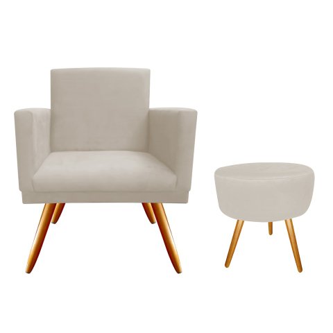 Kit Poltrona Decorativa Bia + Puff Redondo Suede Bege Pés Madeira Ms Decor