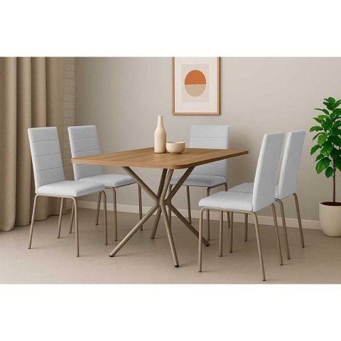 Conjunto: Mesa de Cozinha Loire C/ Tampo de Madeira 1.60cm + 6 Cadeiras Amsterdã Niquel/branco 106
