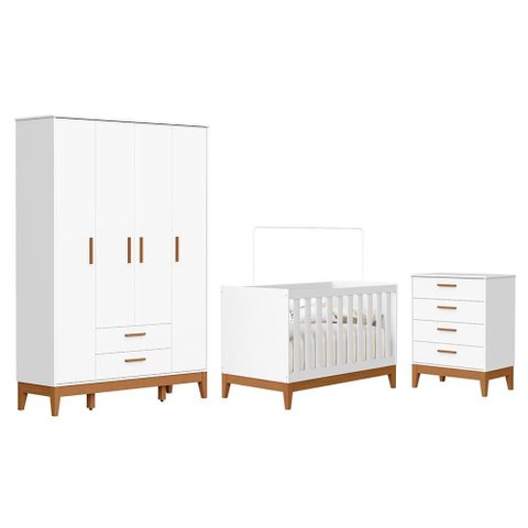 Dormitório Infantil Flip Guarda Roupa 4 Portas, Cômoda 4 Gavetas e Berço Branco Fosco - Reller M