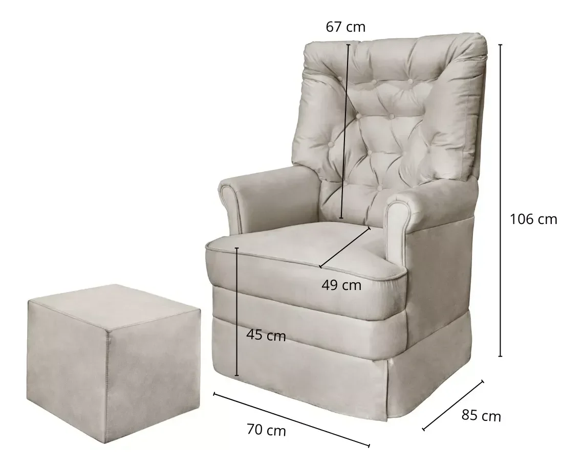 Poltrona de Amamentaçao Balanço e Puff Lila Baby Veludo Cinza - Harmônica Móveis - 3