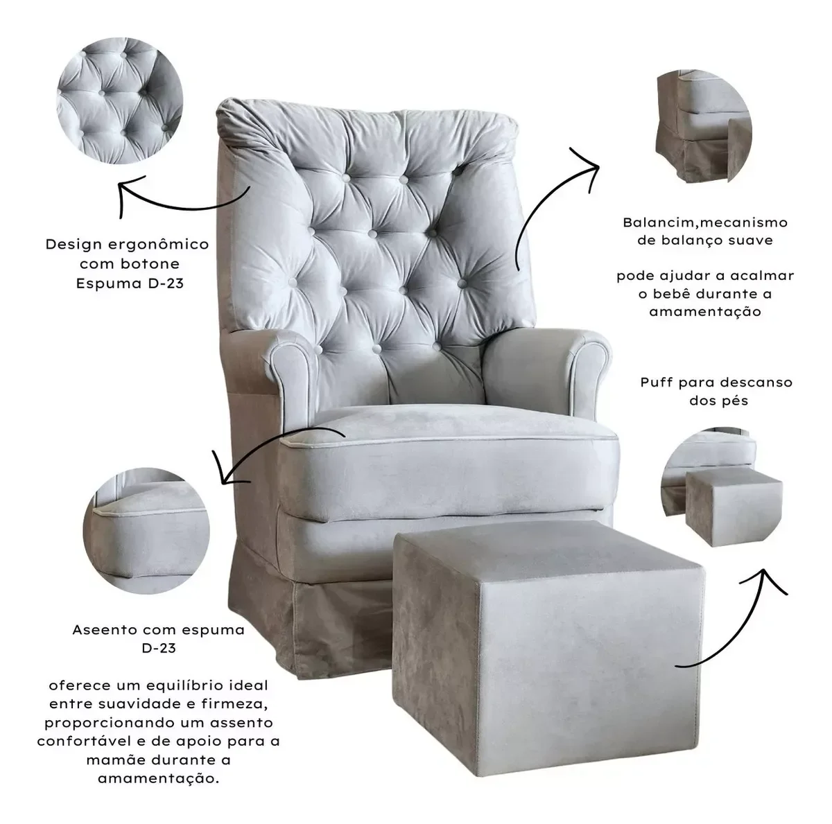 Ver imagem 2 de Poltrona de Amamentaçao Balanço e Puff Lila Baby Veludo Cinza - Harmônica Móveis
