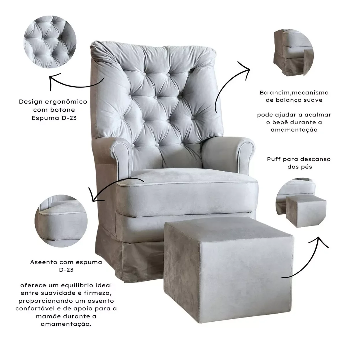 Ver imagem 2 de Poltrona de Amamentaçao Balanço e Puff Alana Veludo Cinza - Harmônica Móveis