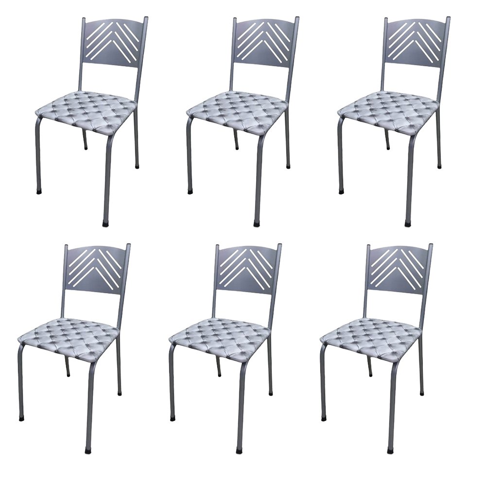 Kit 6 Cadeira Cozinha Jantar Metal Tubular Almofadada Medcombo Cinza Claro Estrutura Prata com Assen