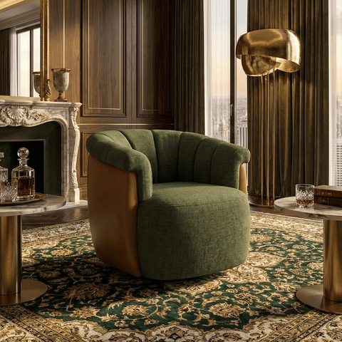 Poltrona Decorativa Giratória Luxuosa Linho Verde Detalhe Courino Caramelo Montada Sala Hall