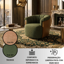 Ver imagem 5 de Poltrona Decorativa Giratória Luxuosa Linho Verde Detalhe Courino Caramelo Montada Sala Hall