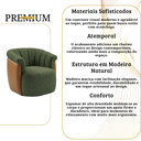 Ver mais imagens de Poltrona Decorativa Giratória Luxuosa Linho Verde Detalhe Courino Caramelo Montada Sala Hall