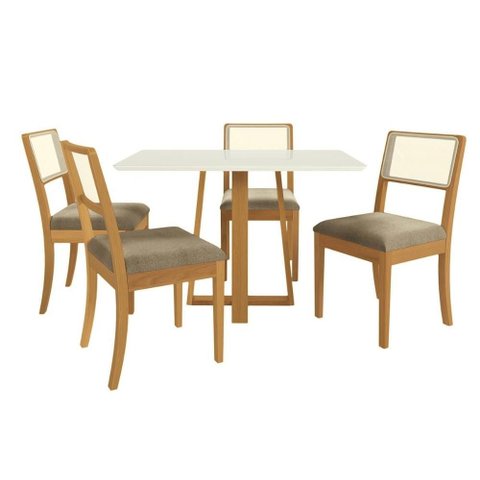 Conjunto Mesa Elma Premium Madeira Maciça C/ Tampo Madeirado C/ Vidro 120x80cm e 4 Cadeiras Lola