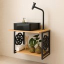 Ver imagem 5 de Conjunto Gabinete Banheiro Completo 50cm Armário com Cuba Estilo Industrial Amadeirado e Preto Pia