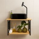 Ver imagem 2 de Conjunto Gabinete Banheiro Completo 50cm Armário com Cuba Estilo Industrial Amadeirado e Preto Pia