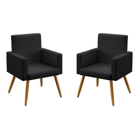 Kit 2 Poltronas Decorativas Estofadas Nina para Sala de Estar Couro Artificial Preto Aradecor