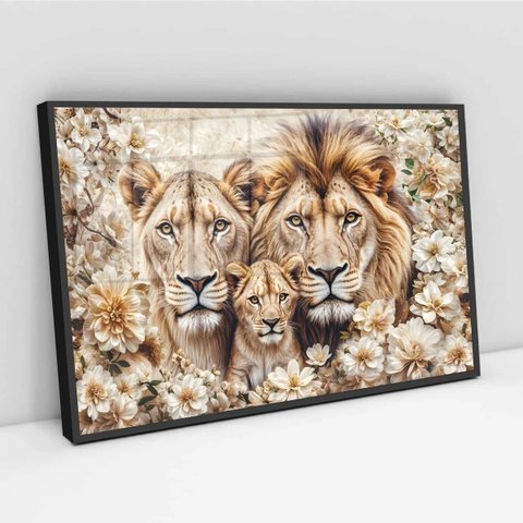 Quadro Família Leões Flores - 50x70cm:moldura Branca