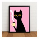 Ver imagem 1 de Quadro Decorativo Gato Tomando Café com Moldura e Vidro Preto