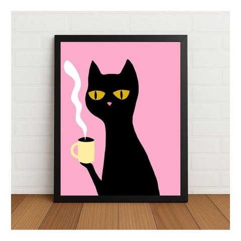Quadro Decorativo Gato Tomando Café com Moldura e Vidro Preto