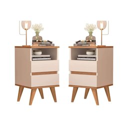 Kit Mesa De Cabeceira Retrô 2 Gavetas -Pop- Com Cabeceira 1,40cm - Off White/Freijó - 2