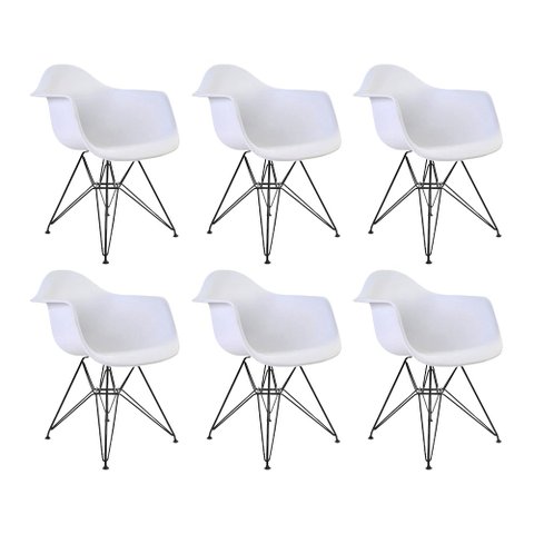 Kit 6 Poltronas Eames Eiffel Branca com Braço Daw de Ferro Preto
