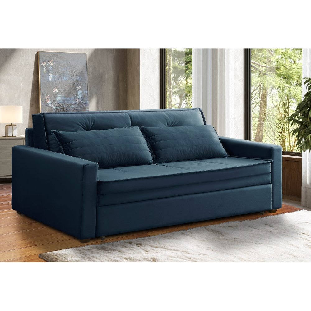 Sofá Cama Retrátil 2 Lugares 162cm Cancún Tecido Veludo Azul iSofa - 4