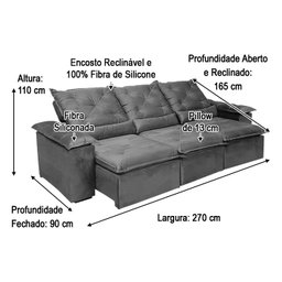 Sofá Retrátil Reclinável Confortável Várias Cores e Tamanhos Cor:cinza;tamanho:2,70 - 9