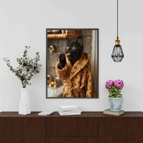 Quadro Divertido Banheiro Gato Rico 45x34cm - com Vidro:moldura Branca
