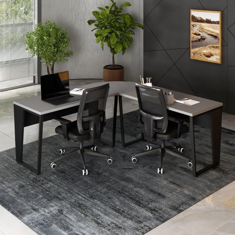 Mesa em L Escritório 180cm X 180cm Pés Metal F5 Office Cor:cinza Sagrado com Preto