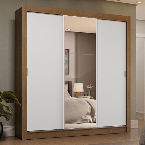 Guarda-roupa Casal 3 Portas de Correr com Espelho 4 Gavetas Rustic/branco Sublime Plus Madesa Rustic