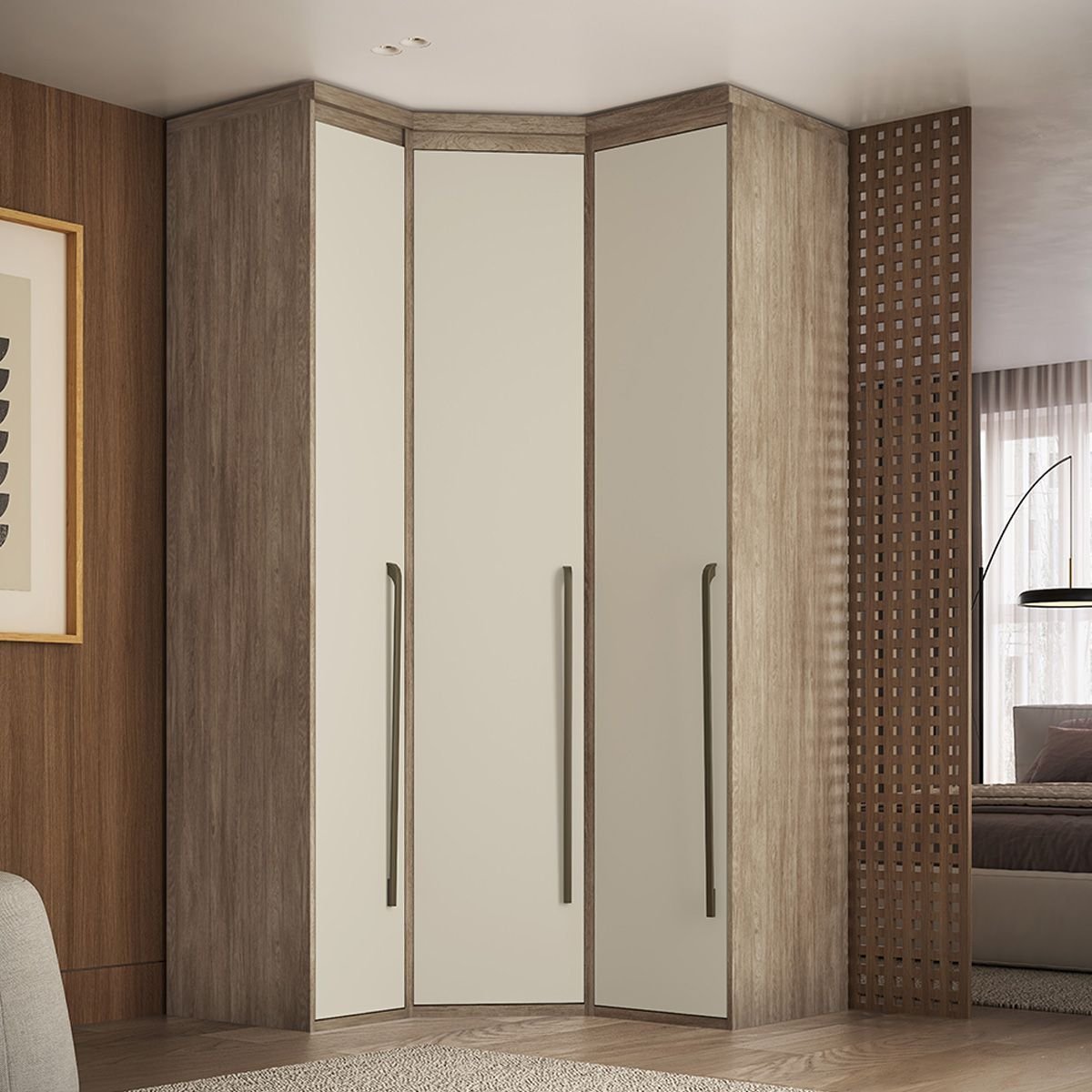 Guarda Roupa de Canto Obliquo 3 Portas Mdf Lotus Belmax:carvalho/off White