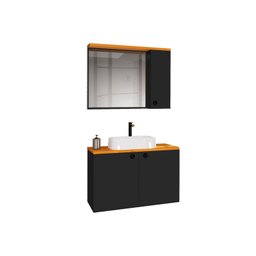 Conjunto para Banheiro Gabinete Suspenso com Cuba e Espelheira Madri Preto com Nature - Rede Móveis - 2