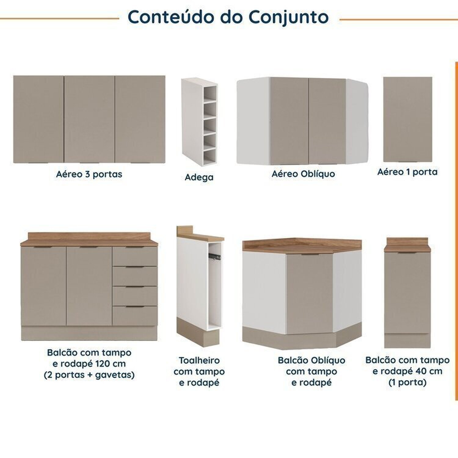 Cozinha Modulada 8 Peças com Tampo com Rodapé 4 Aéreos e 4 Balcões Ipanema CabeCasa MadeiraMadeira - 3