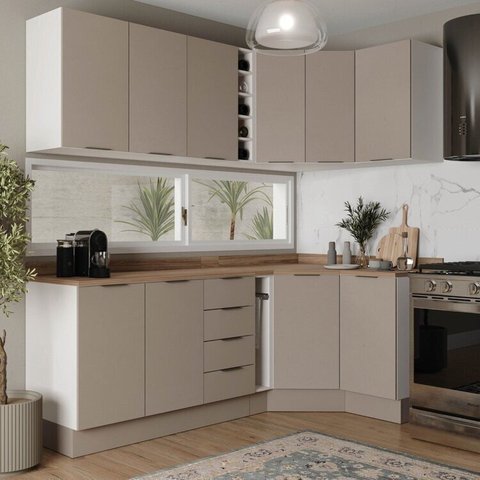 Cozinha Modulada 8 Peças com Tampo com Rodapé 4 Aéreos e 4 Balcões Ipanema CabeCasa MadeiraOriginals Marrom/Fendi Trama