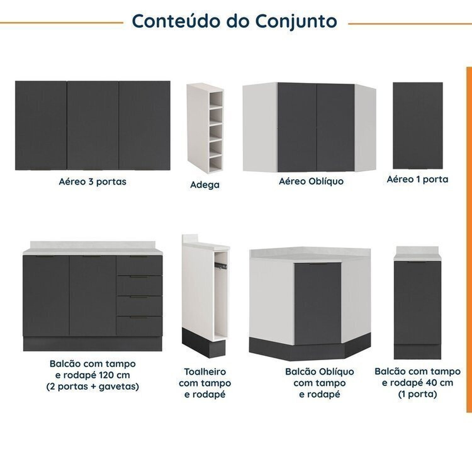 Cozinha Modulada 8 Peças com Tampo com Rodapé 4 Aéreos e 4 Balcões Ipanema CabeCasa MadeiraMadeira - 3