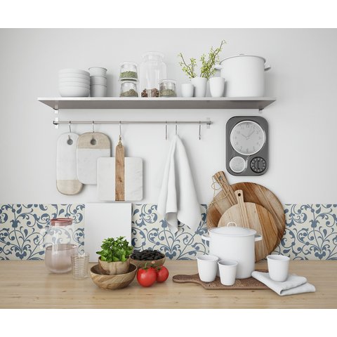 Papel de Parede Adesivo Azulejo Ramos Azuis Cozinha 2,80m