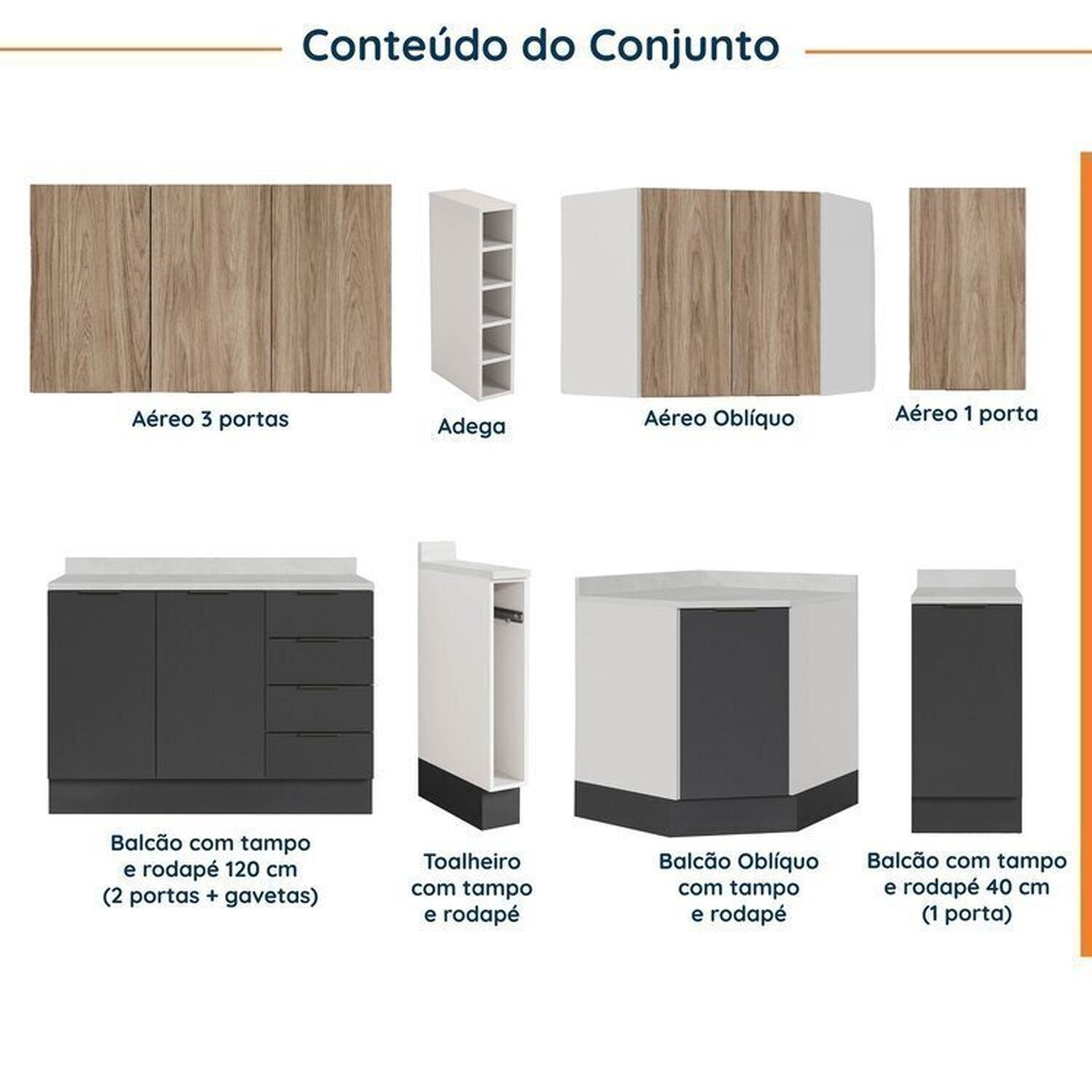 Cozinha Modulada 8 Peças com Tampo com Rodapé 4 Aéreos e 4 Balcões Ipanema CabeCasa MadeiraMadeira - 3