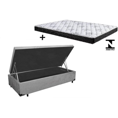 Cama Box Baú Solteiro Conforto Suede Cinza + Colchão Solteiro Conforto Espuma D33 Com EPS 16x88x188