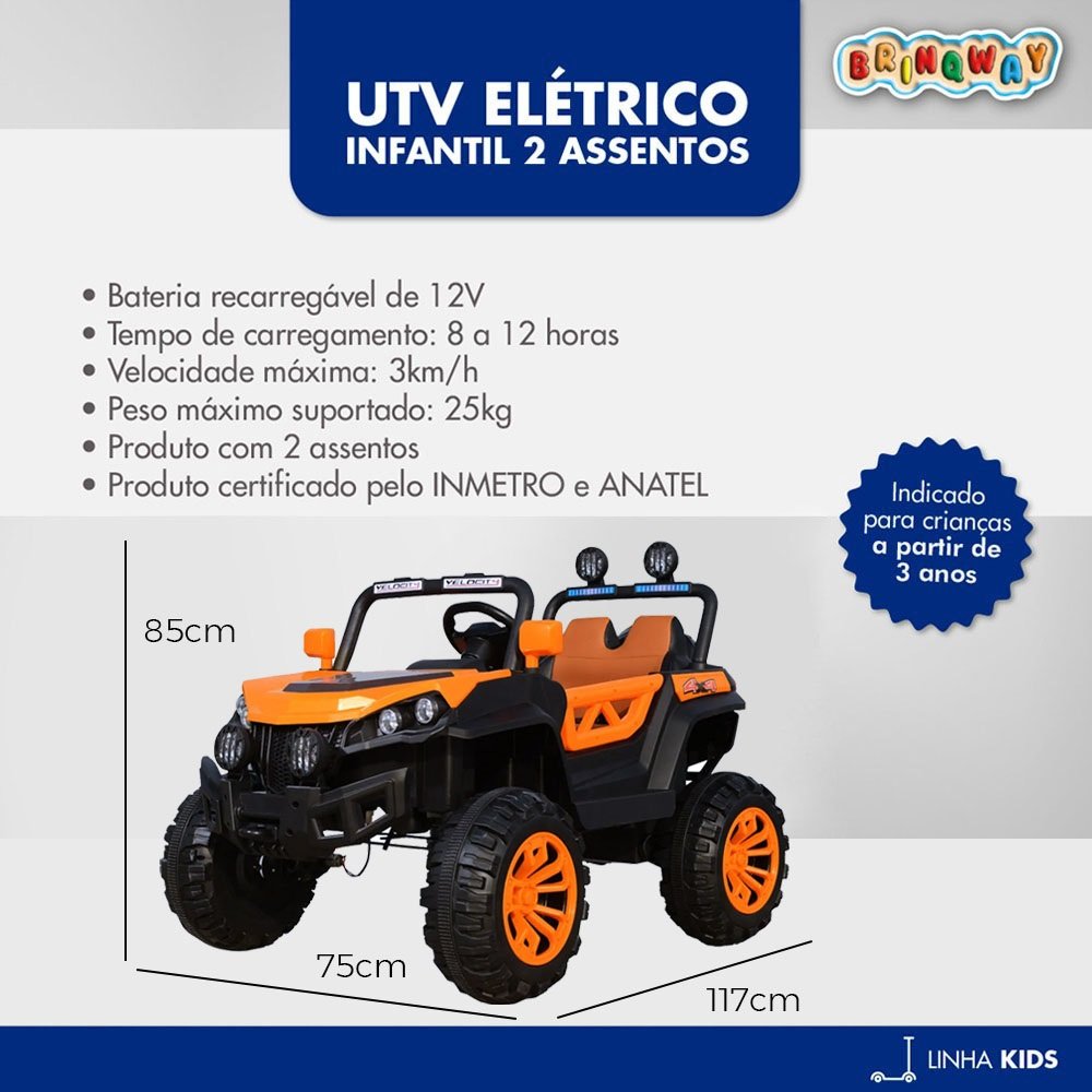 Quadriciclo Elétrico Infantil 2 Assentos Controle -Importway - Laranja - 5