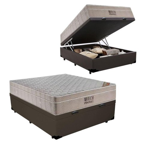 Cama Baú Casal Sintético + Colchão Casal Ortobom Airtech Molas Springpocket (65x138x188) Marrom