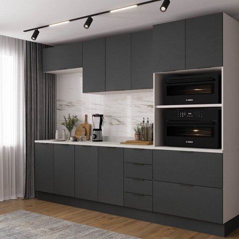 Cozinha Modulada 5 Peças com Tampo com Rodapé Ipanema CabeCasa MadeiraOriginals Cinza/Grafite Trama