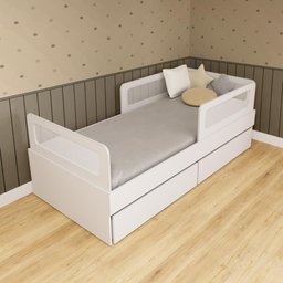 Cama Solteiro Mdf Branco com 02 Gavetas Grades e Cabeceira Telinha Anatômica Mobilistore - 1