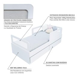 Cama Solteiro Mdf Branco com 02 Gavetas Grades e Cabeceira Telinha Anatômica Mobilistore - 5