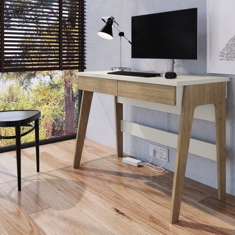 Escrivaninha Mesa Escritório Primazzia 2 Gavetas 104cm Carvalho Mel e Off White Marrom
