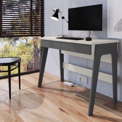 Escrivaninha Mesa Escritório Primazzia 2 Gavetas 104cm Grafite e Off White Cinza