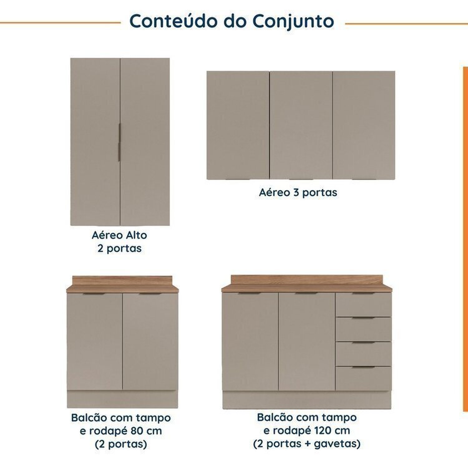 Cozinha Modulada 4 Peças com Tampo com Rodapé 2 Aéreos e 2 Balcões Ipanema CabeCasa MadeiraMadeira - 3