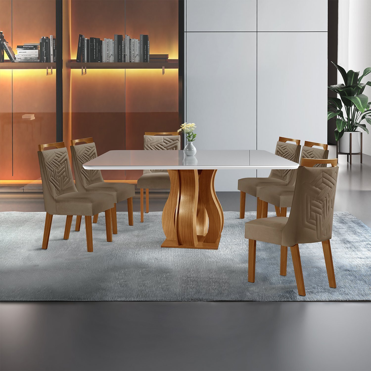 Conjunto Sala de Jantar Mesa Nuance 135cm Quadrada Tampo Vidro/mdp com 6 Cadeiras Kioto Yescasa