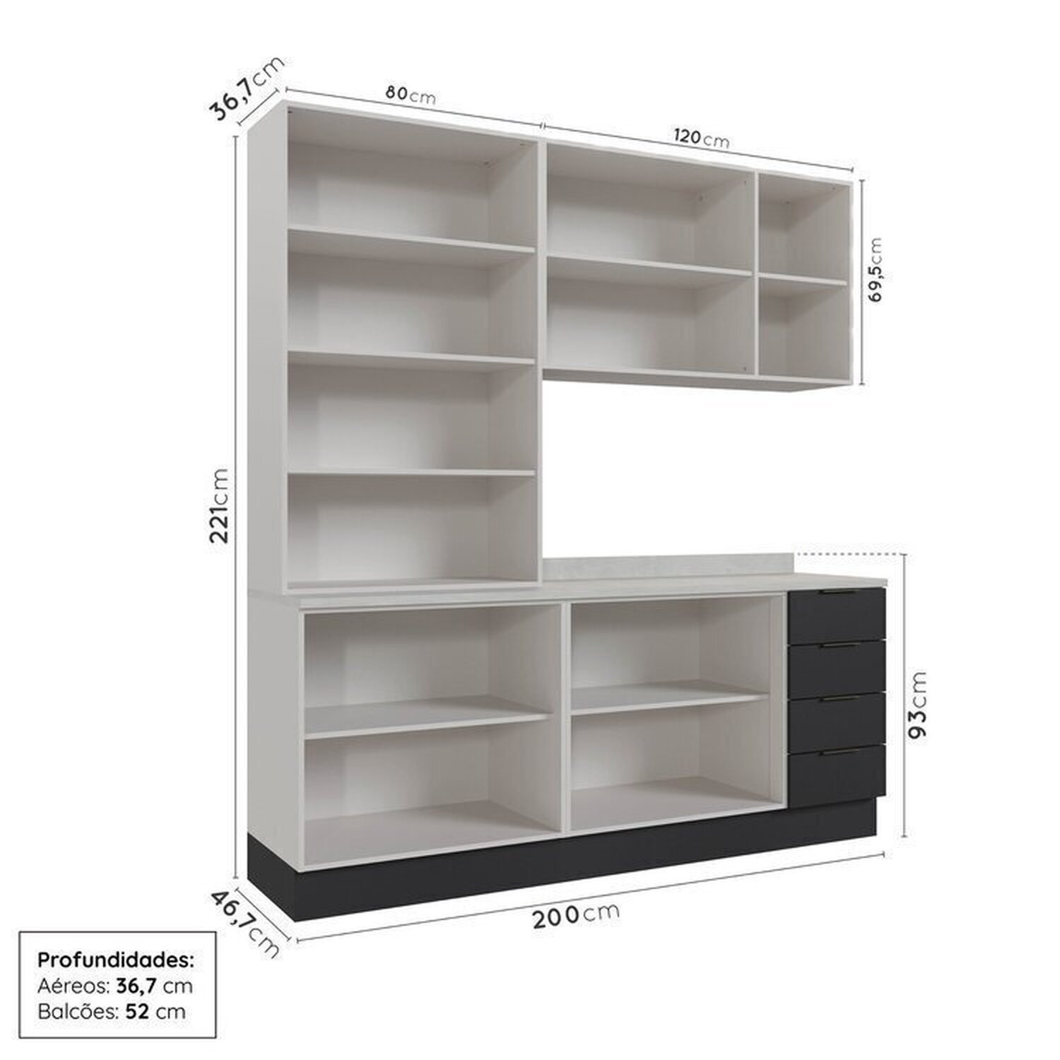 Cozinha Modulada 4 Peças com Tampo com Rodapé 2 Aéreos e 2 Balcões Ipanema CabeCasa MadeiraMadeira - 4