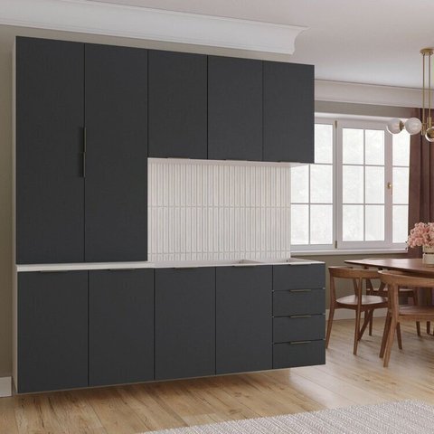 Cozinha Modulada 4 Peças sem Tampo sem Rodapé 2 Aéreos e 2 Balcões Ipanema CabeCasa MadeiraOriginals Cinza/Grafite Trama