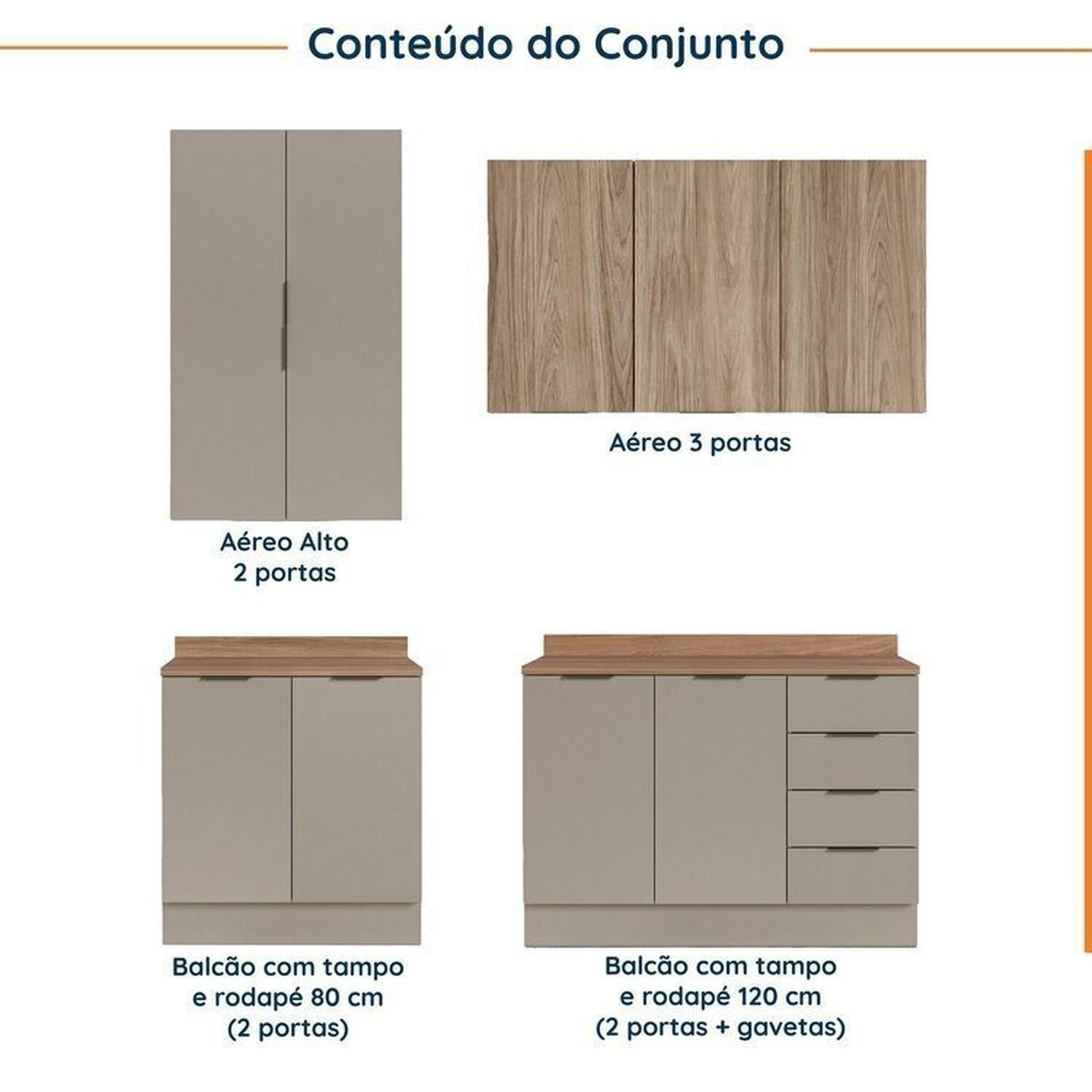 Cozinha Modulada 4 Peças com Tampo com Rodapé 2 Aéreos e 2 Balcões Ipanema CabeCasa MadeiraMadeira - 3