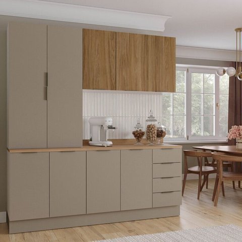 Cozinha Modulada 4 Peças com Tampo com Rodapé 2 Aéreos e 2 Balcões Ipanema CabeCasa MadeiraOriginals Marrom/Fendi Trama/Acácia