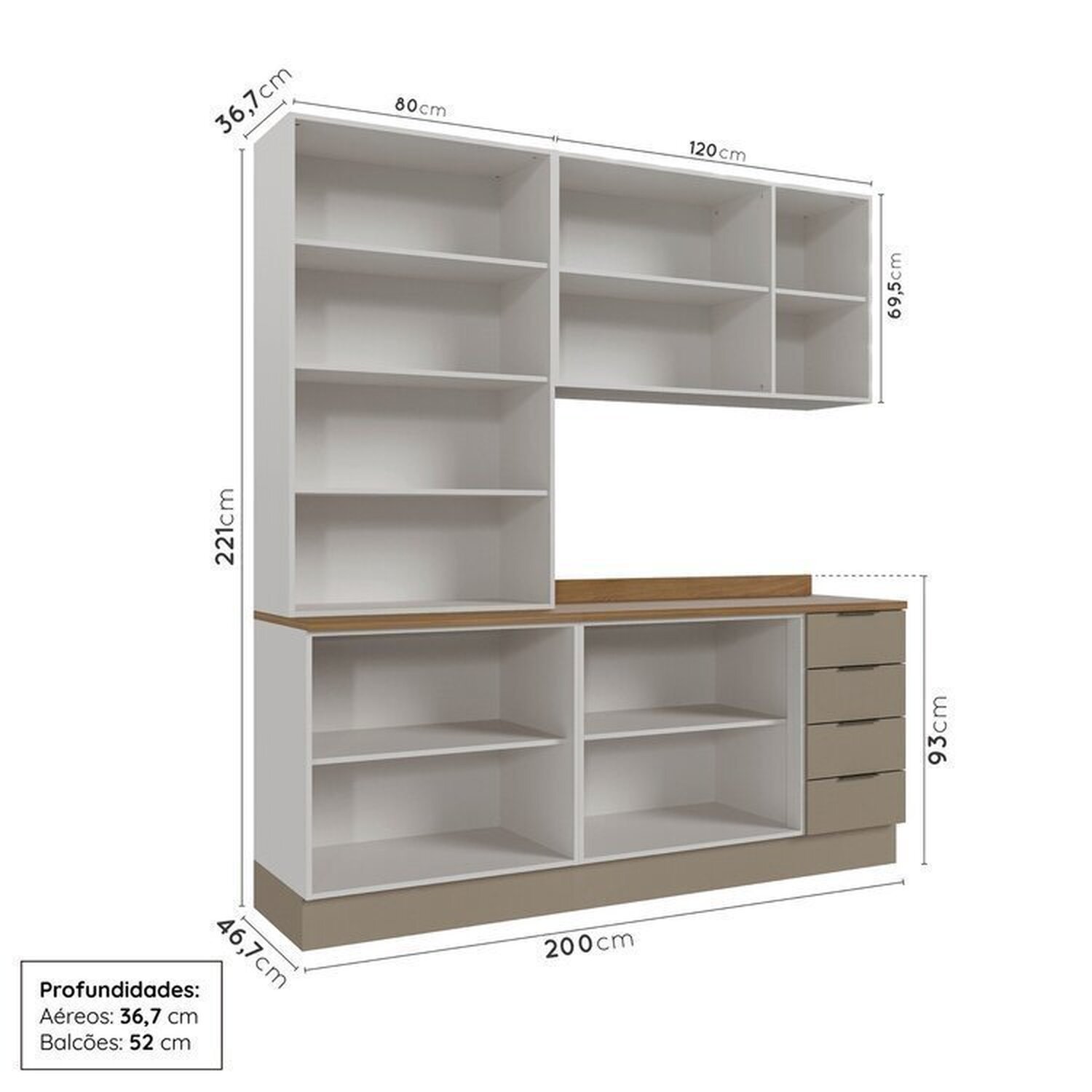 Cozinha Modulada 4 Peças com Tampo com Rodapé 2 Aéreos e 2 Balcões Ipanema CabeCasa MadeiraMadeira - 4