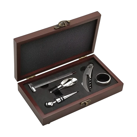 Kit Porta Vinho 5PCS Inox e Caixa de Madeira Unyhome 536T