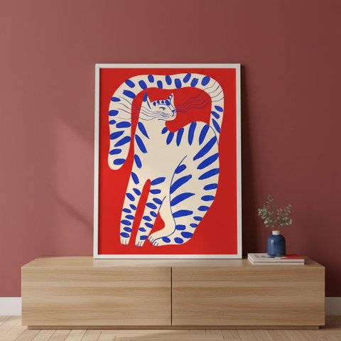 Quadro Gato Arte Moderna Vermelho Azul 70x50cm Mold Preta