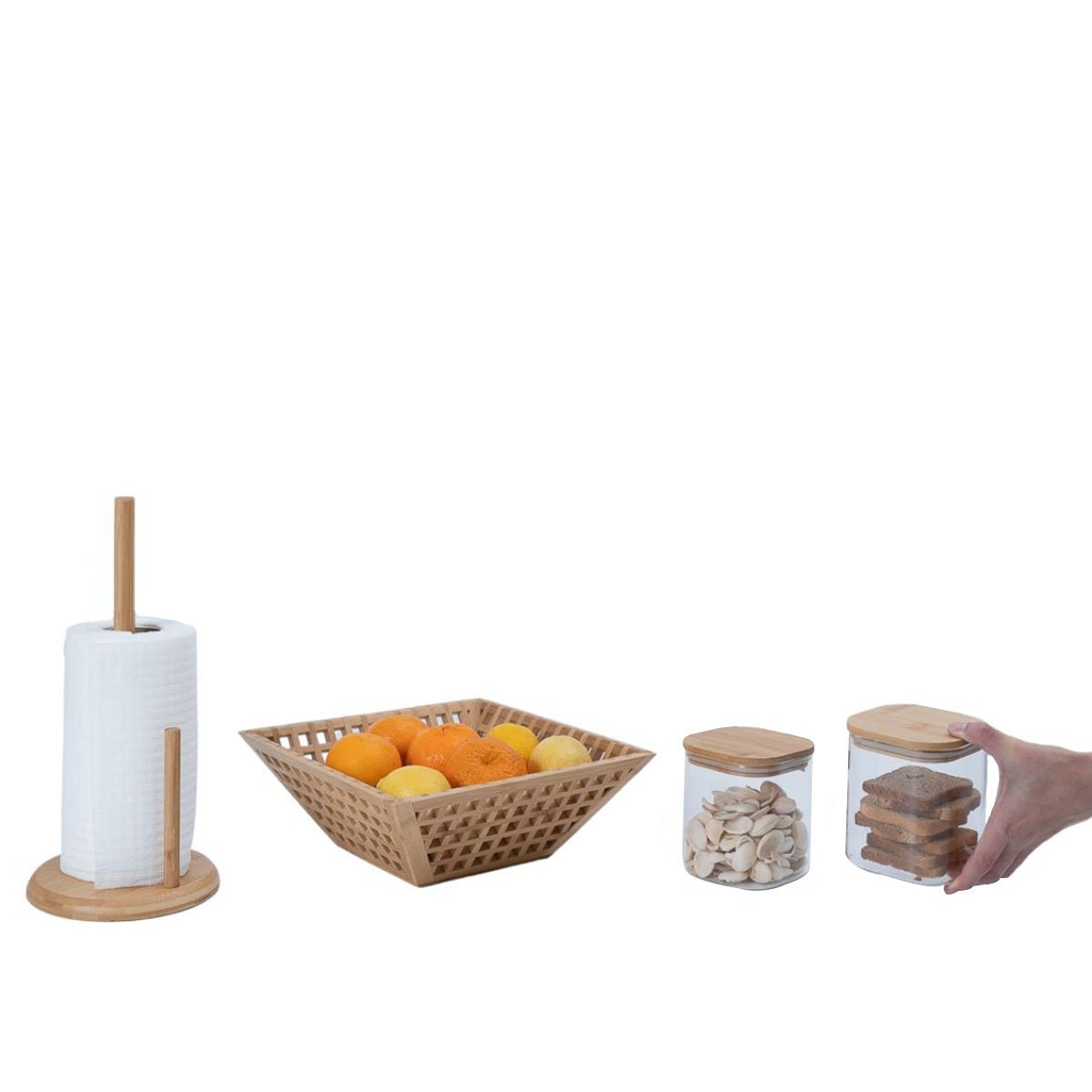 Kit com 2 potes de vidro com tampa de bambu 800ml, fruteira vazada de bambu e porta papel toalha de - 8